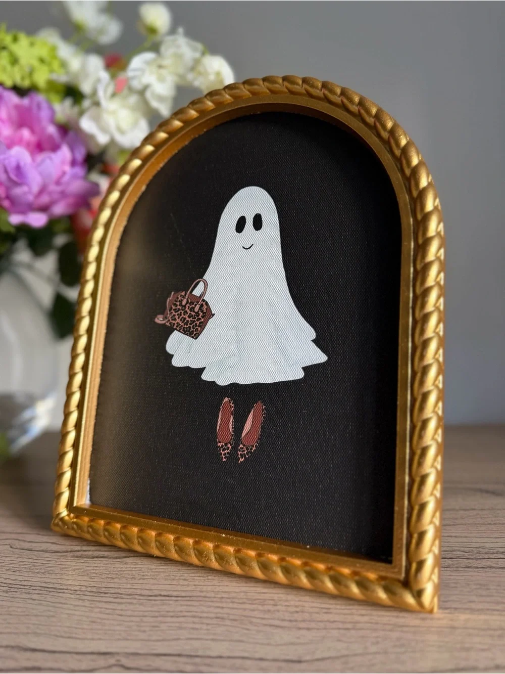 Ghost leopard heels Art Print vintage style gold frame tabletop Halloween decor
